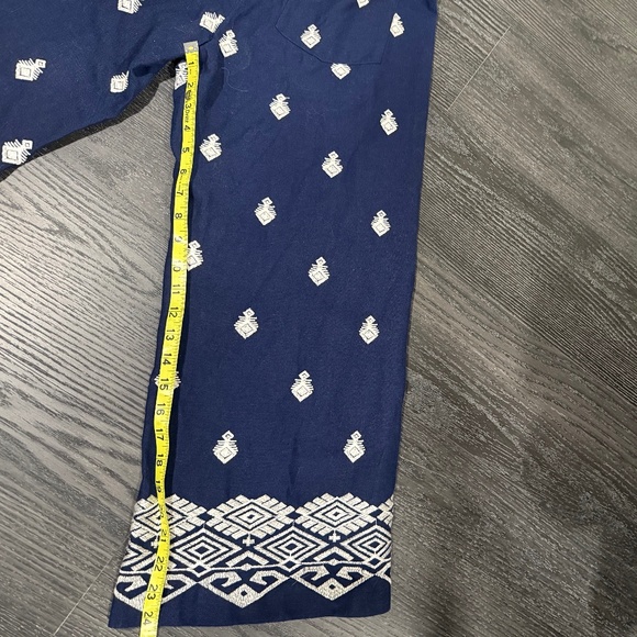 Zara Pants L Navy Blue Cream Linen Blend Embroidered Wide Leg Crop Boho Trousers - Picture 4 of 5